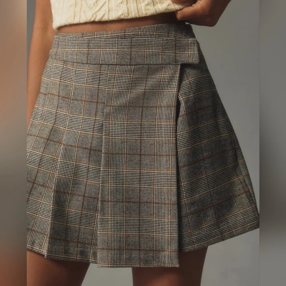 Dizzy Lizzy x Anthropologie Pleated Wrap Mini Skort, Gray Motif, XS